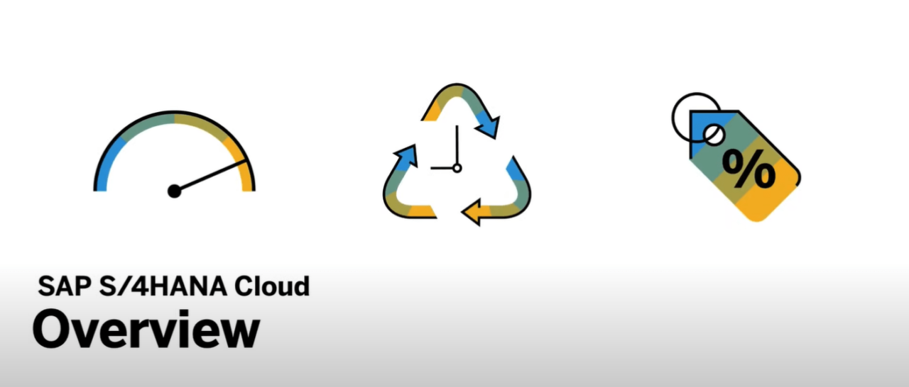 SAP S/4HANA Cloud overview interface graphic showing performance dashboard gauges, resource lifecycle icons, and business analytics symbols.